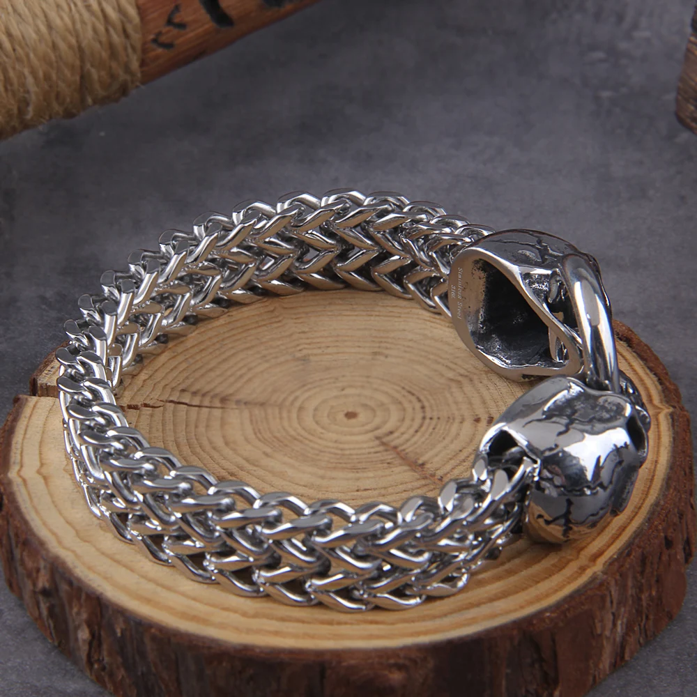Nordic Double Wolf Head Bracelet – Stainless Steel Viking Chain