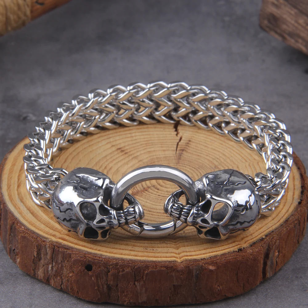 Nordic Double Wolf Head Bracelet – Stainless Steel Viking Chain