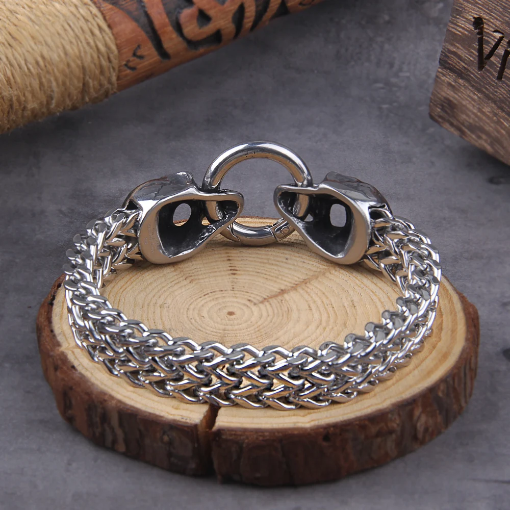Nordic Double Wolf Head Bracelet – Stainless Steel Viking Chain