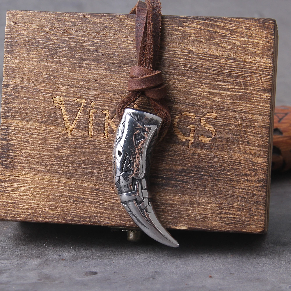 Wolf Fang Pendant Necklace – Viking Tooth Spike with Leather Chain Wolf Fang Pendant Necklace – Viking Tooth Spike with Leather Chain