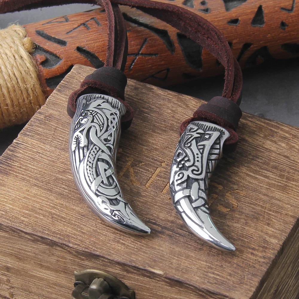 Wolf Fang Pendant Necklace – Viking Tooth Spike with Leather Chain Wolf Fang Pendant Necklace – Viking Tooth Spike with Leather Chain