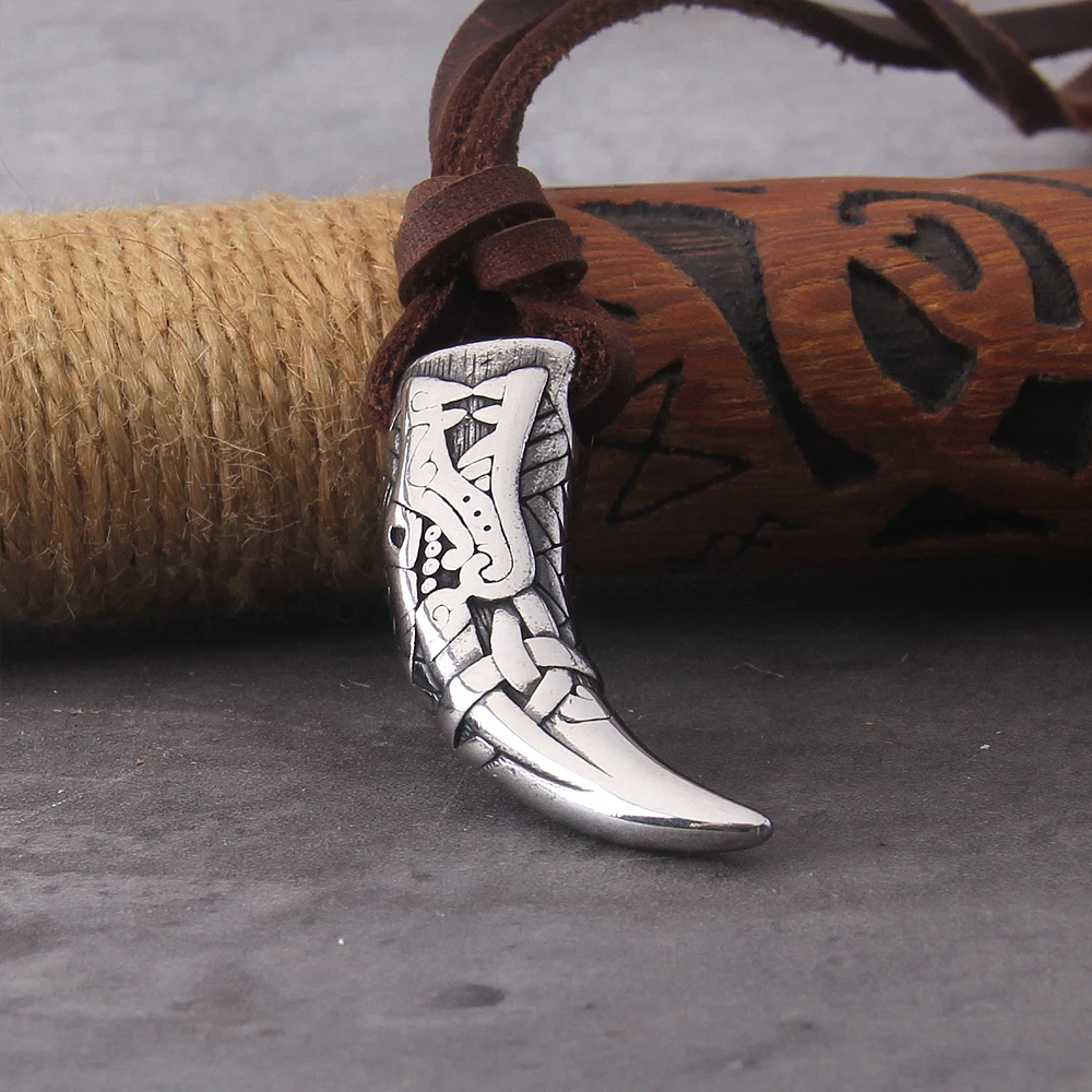 Wolf Fang Pendant Necklace – Viking Tooth Spike with Leather Chain Wolf Fang Pendant Necklace – Viking Tooth Spike with Leather Chain