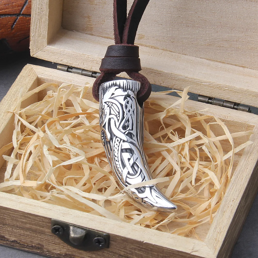 Wolf Fang Pendant Necklace – Viking Tooth Spike with Leather Chain Wolf Fang Pendant Necklace – Viking Tooth Spike with Leather Chain