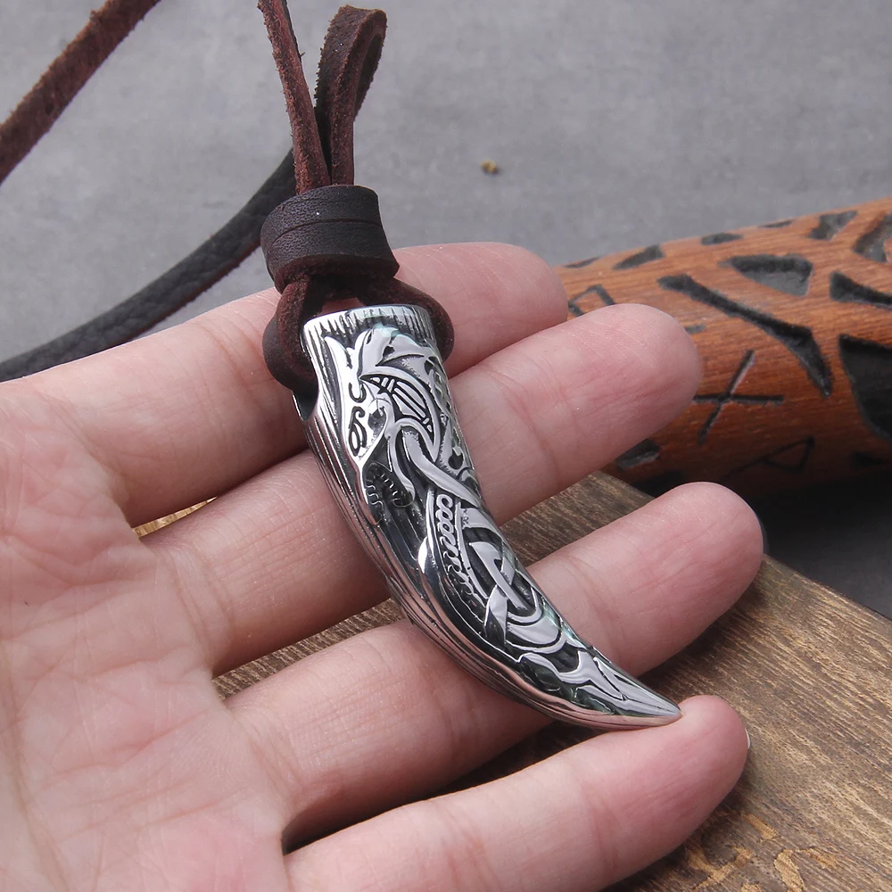 Wolf Fang Pendant Necklace – Viking Tooth Spike with Leather Chain Wolf Fang Pendant Necklace – Viking Tooth Spike with Leather Chain