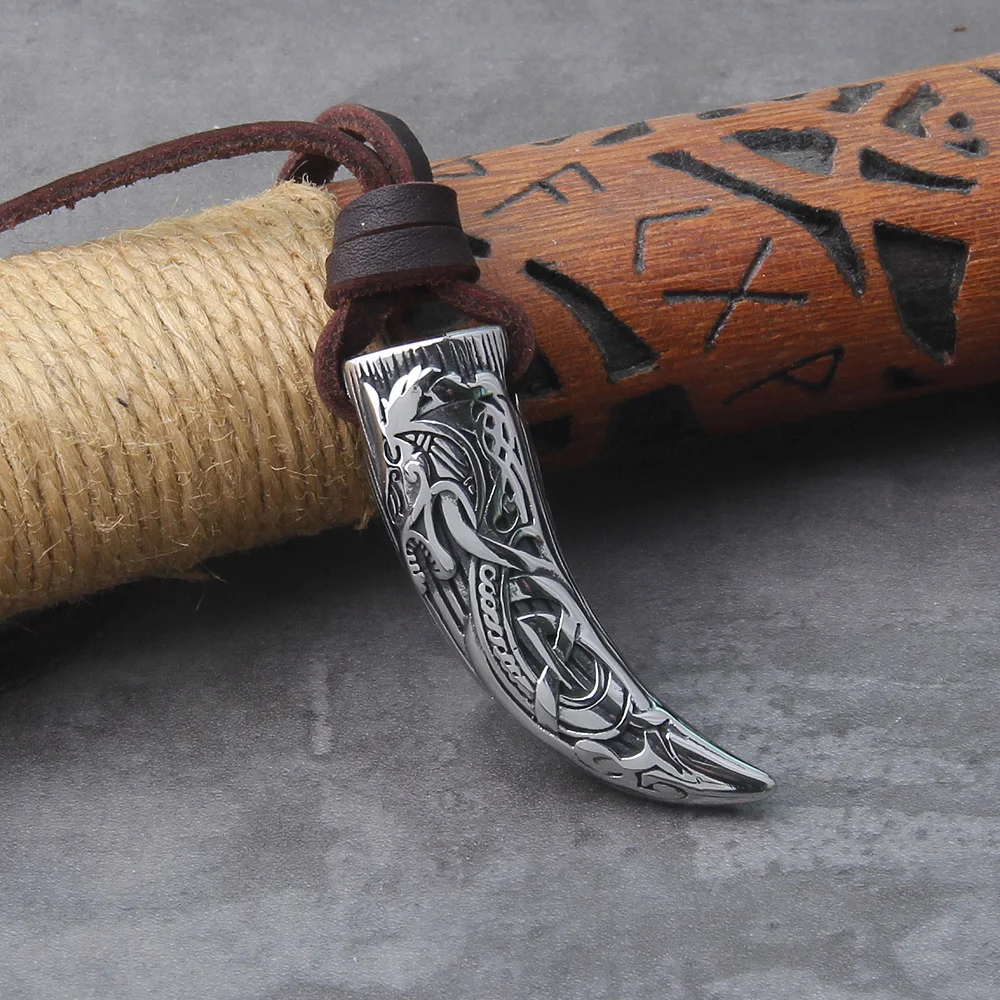 Wolf Fang Pendant Necklace – Viking Tooth Spike with Leather Chain Wolf Fang Pendant Necklace – Viking Tooth Spike with Leather Chain