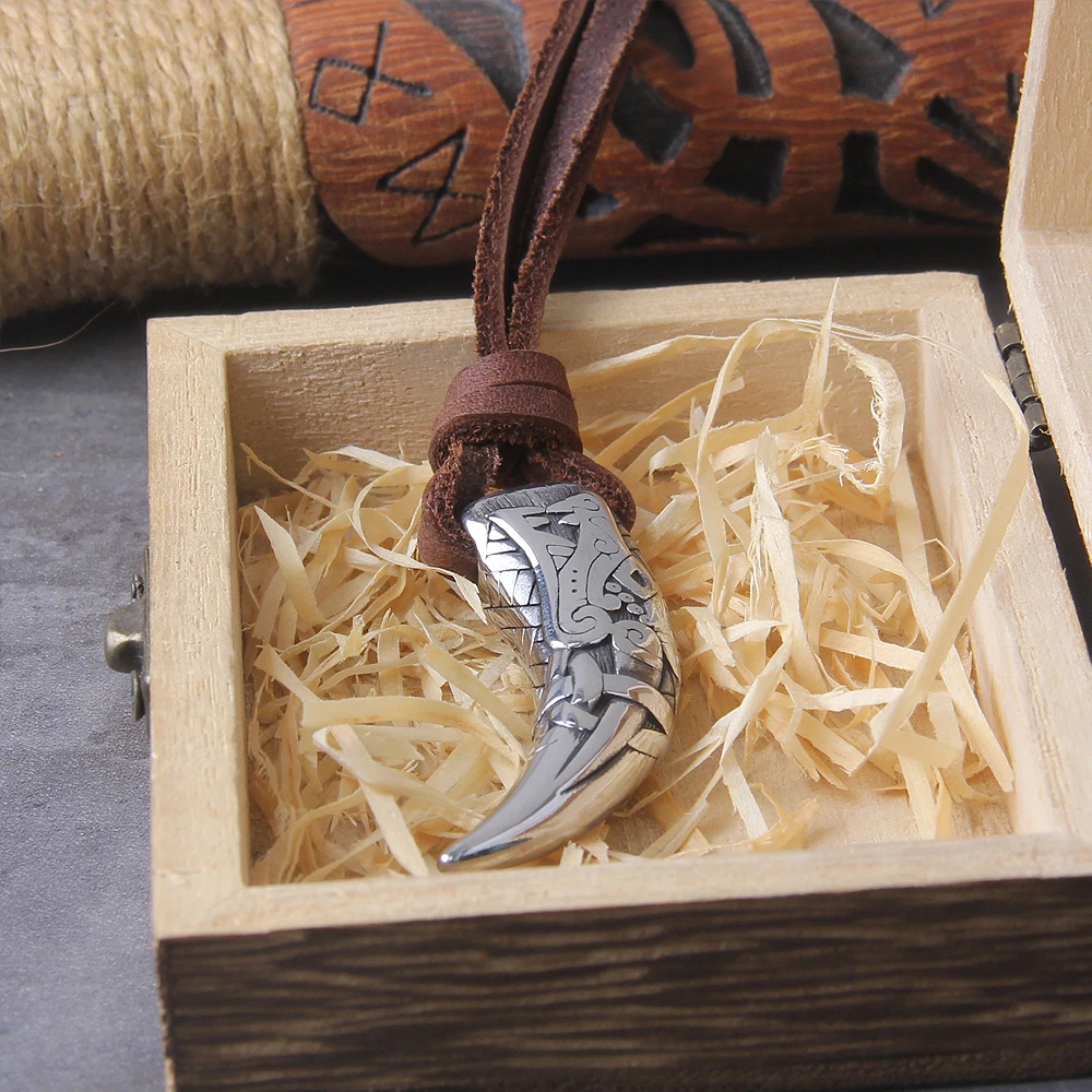 Wolf Fang Pendant Necklace – Viking Tooth Spike with Leather Chain Wolf Fang Pendant Necklace – Viking Tooth Spike with Leather Chain