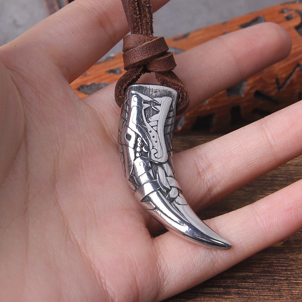 Wolf Fang Pendant Necklace – Viking Tooth Spike with Leather Chain Wolf Fang Pendant Necklace – Viking Tooth Spike with Leather Chain