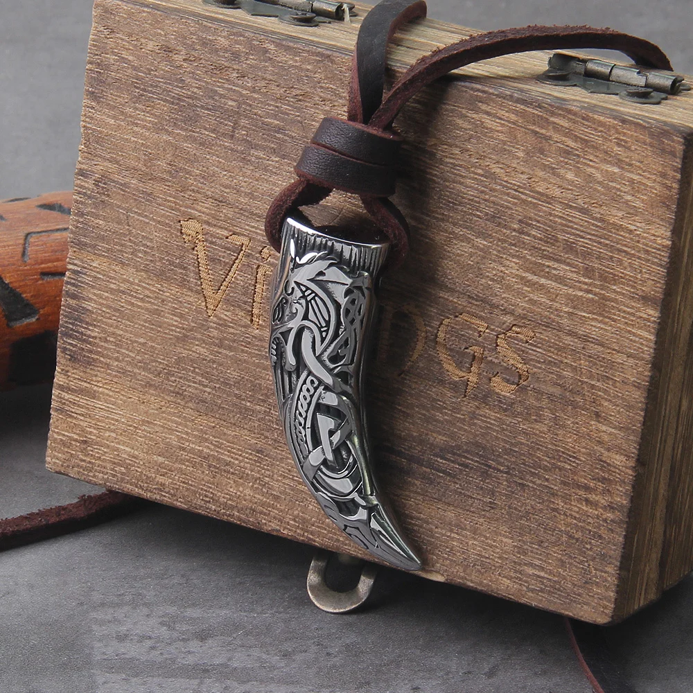 Wolf Fang Pendant Necklace – Viking Tooth Spike with Leather Chain Wolf Fang Pendant Necklace – Viking Tooth Spike with Leather Chain