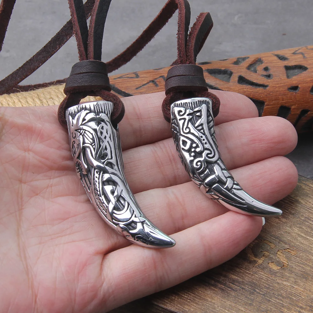 Wolf Fang Pendant Necklace – Viking Tooth Spike with Leather Chain Wolf Fang Pendant Necklace – Viking Tooth Spike with Leather Chain