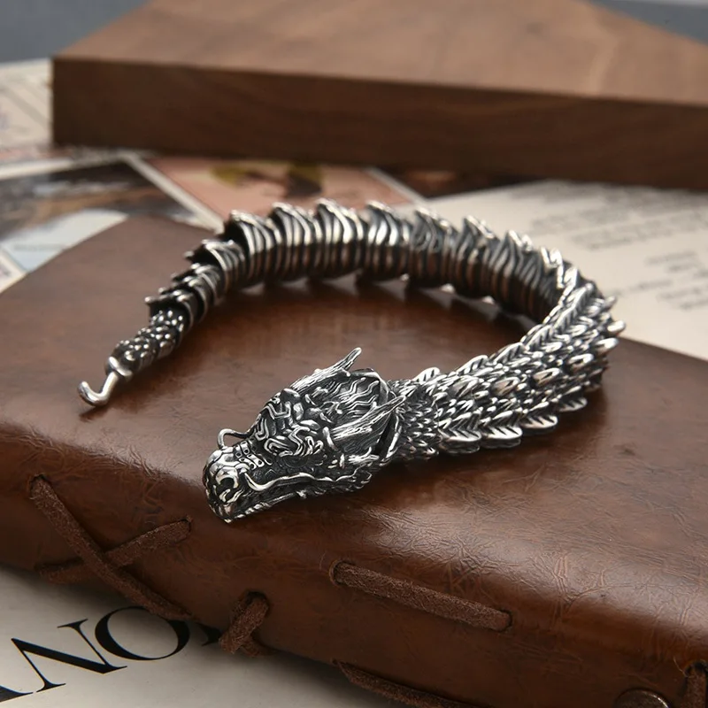 New S925 Sterling Silver Fierce Dragon Bracelets Viking Domineering Black Gun Dragon Men Bracelet Hip Hop Rock fashion Jewelry