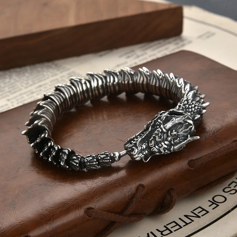 New S925 Sterling Silver Fierce Dragon Bracelets Viking Domineering Black Gun Dragon Men Bracelet Hip Hop Rock fashion Jewelry