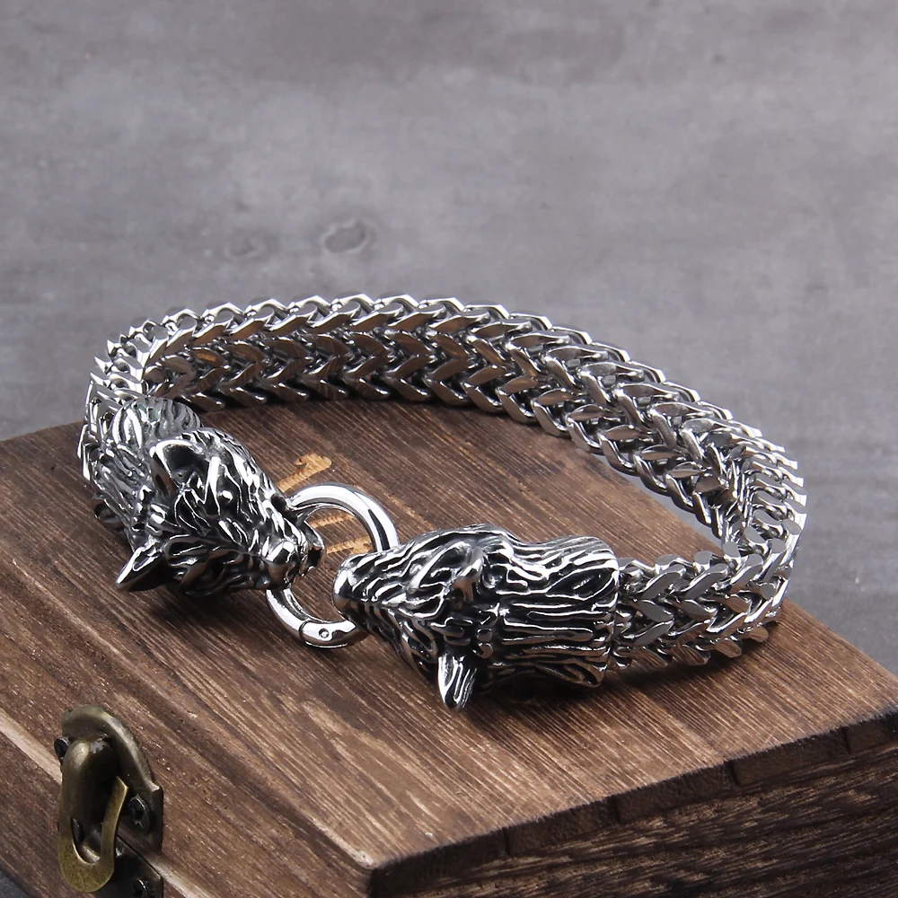 Never Fade Rock Viking Wolf Charm Bracelet Men's Stainless Steel Mesh Chain Gold Wolf Punk Jewelry without box Never Fade Rock Viking Wolf Charm Bracelet Men's Stainless Steel Mesh Chain Gold Wolf Punk Jewelry without box