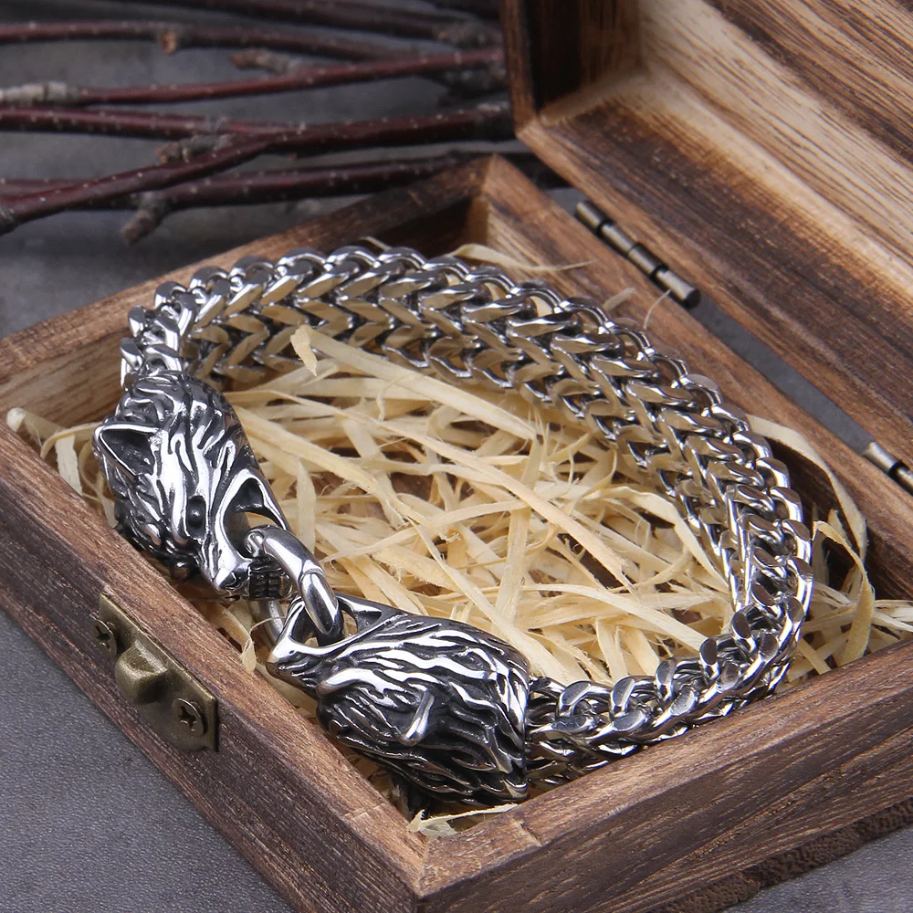 Never Fade Rock Viking Wolf Charm Bracelet Men's Stainless Steel Mesh Chain Gold Wolf Punk Jewelry without box Never Fade Rock Viking Wolf Charm Bracelet Men's Stainless Steel Mesh Chain Gold Wolf Punk Jewelry without box