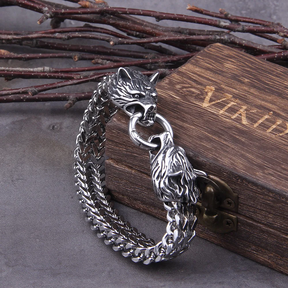 Never Fade Rock Viking Wolf Charm Bracelet Men's Stainless Steel Mesh Chain Gold Wolf Punk Jewelry without box Never Fade Rock Viking Wolf Charm Bracelet Men's Stainless Steel Mesh Chain Gold Wolf Punk Jewelry without box