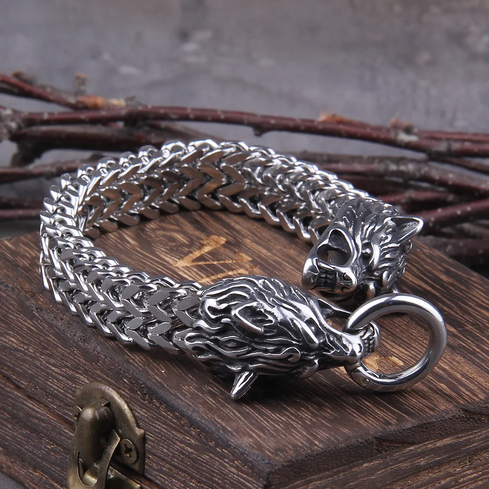 Never Fade Rock Viking Wolf Charm Bracelet Men's Stainless Steel Mesh Chain Gold Wolf Punk Jewelry without box Never Fade Rock Viking Wolf Charm Bracelet Men's Stainless Steel Mesh Chain Gold Wolf Punk Jewelry without box