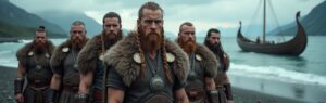 Viking warriors wearing Norse accessories like runic necklaces and beard beads