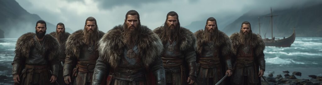 A group of ancient Viking warriors near a roaring fjord wearing traditional accessories like Thor’s hammer necklaces and rune rings

