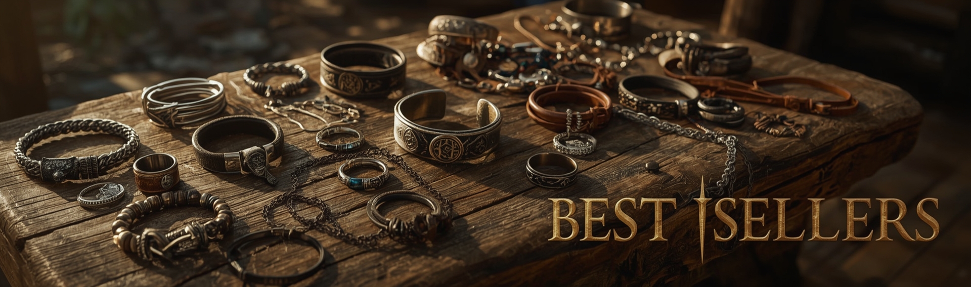 Best-selling Viking accessories including wolf bracelets, rune necklaces, and Norse rings displayed on a rustic wooden table with 