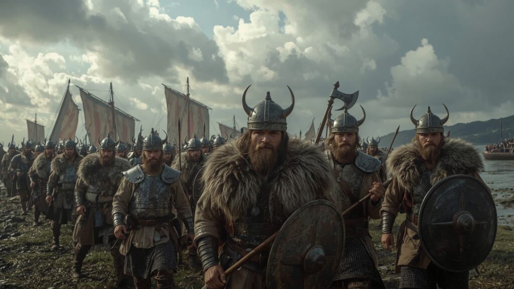 Viking warriors landing with longships on Nordic shore under stormy sky