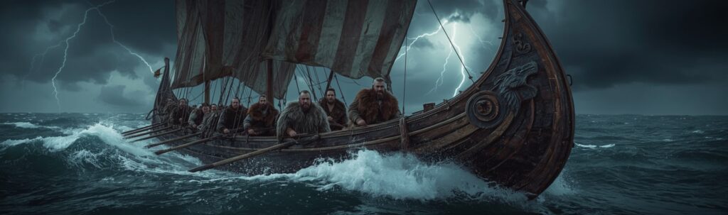 Viking longships navigating stormy North Atlantic waves