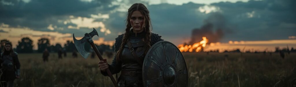 Viking shieldmaiden on battlefield with axe and shield at dusk