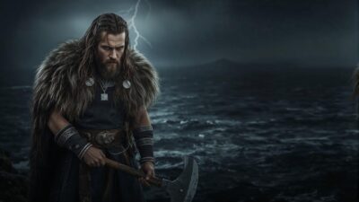 Viking warrior wearing Norse jewelry with runes, wolf rings, and Thor's hammer pendant by firelight