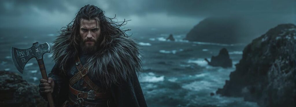 Viking warrior wearing Norse jewelry with runes, wolf rings, and Thor's hammer pendant by firelight
