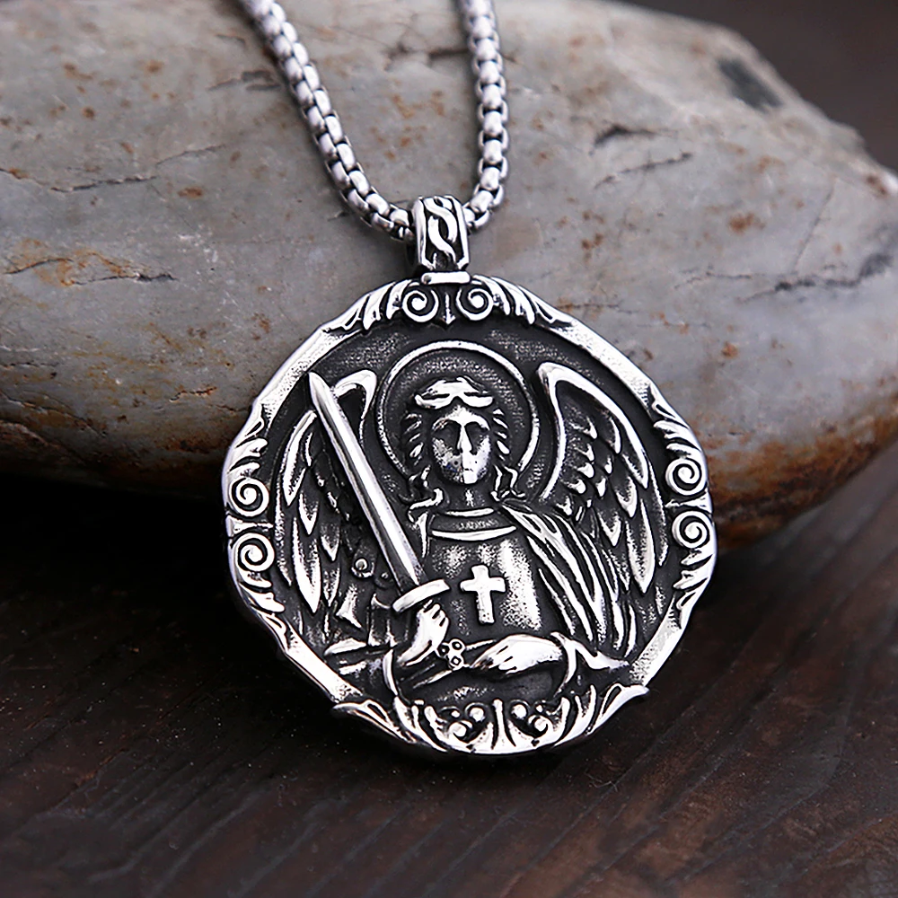 Vintage Classic Saint Michael Angel Pendant Punk Stainless Steel Motorcycle Amulet Angel Necklace Fashion Jewelry Gift Wholesale Vintage Classic Saint Michael Angel Pendant Punk Stainless Steel Motorcycle Amulet Angel Necklace Fashion Jewelry Gift Wholesale