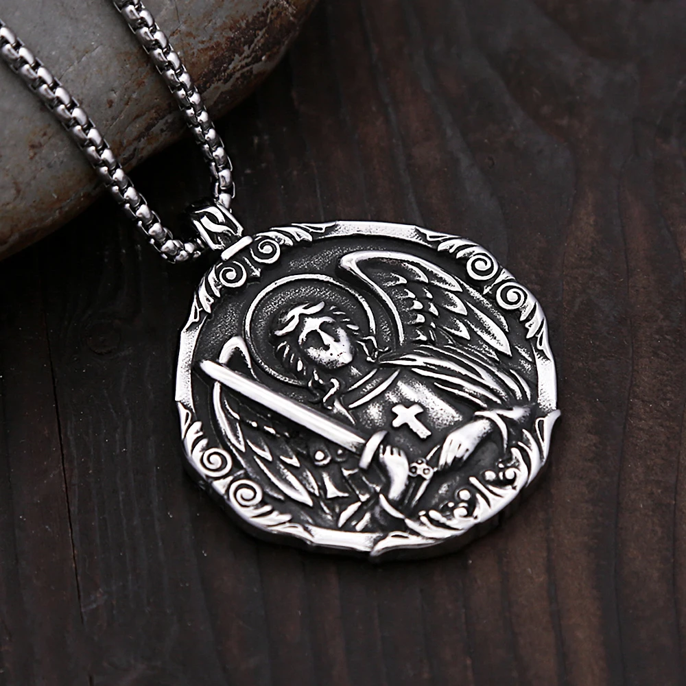 Vintage Classic Saint Michael Angel Pendant Punk Stainless Steel Motorcycle Amulet Angel Necklace Fashion Jewelry Gift Wholesale Vintage Classic Saint Michael Angel Pendant Punk Stainless Steel Motorcycle Amulet Angel Necklace Fashion Jewelry Gift Wholesale