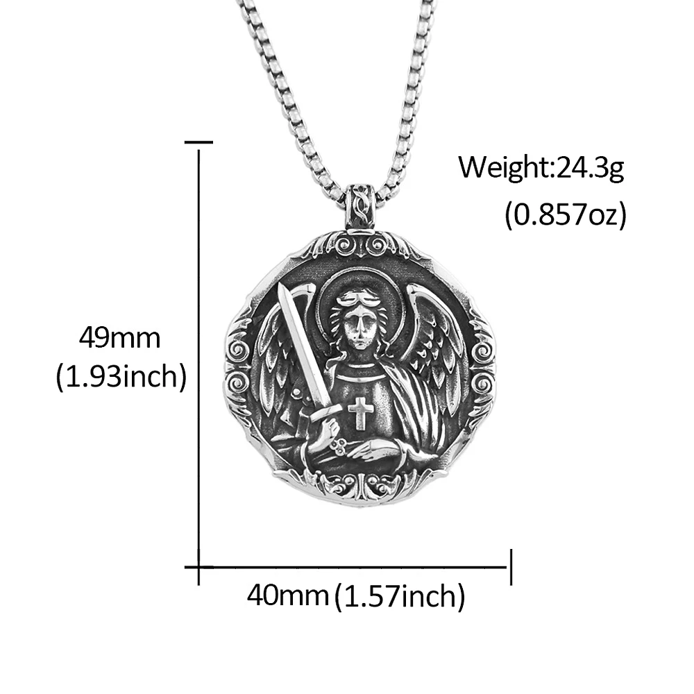 Vintage Classic Saint Michael Angel Pendant Punk Stainless Steel Motorcycle Amulet Angel Necklace Fashion Jewelry Gift Wholesale