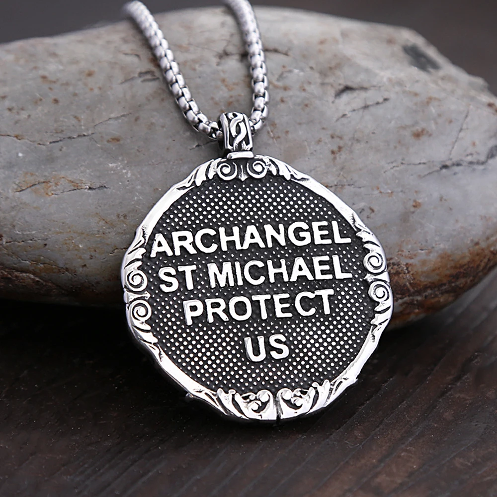 Vintage Classic Saint Michael Angel Pendant Punk Stainless Steel Motorcycle Amulet Angel Necklace Fashion Jewelry Gift Wholesale