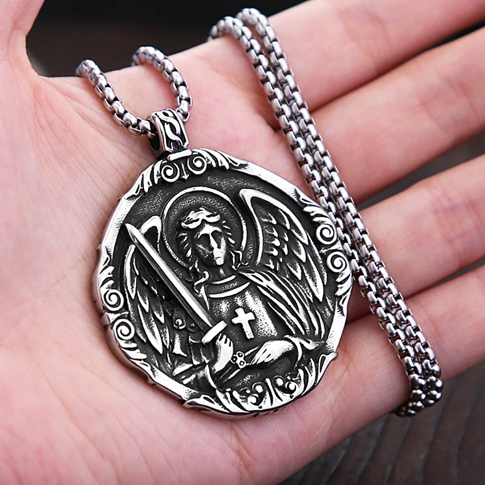 Vintage Classic Saint Michael Angel Pendant Punk Stainless Steel Motorcycle Amulet Angel Necklace Fashion Jewelry Gift Wholesale