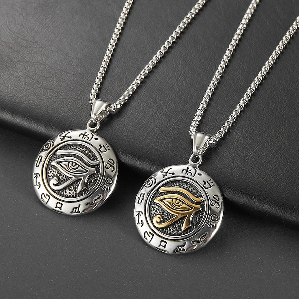 Stainless Steel Ancient Egypt Eye of Horus Pendant Necklace Vintage Egyptian Pharaoh Amulet Rune Men's Necklace Jewelry Gift